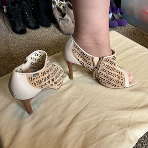 Elegant Cream and Tan Peep-Toe Heels